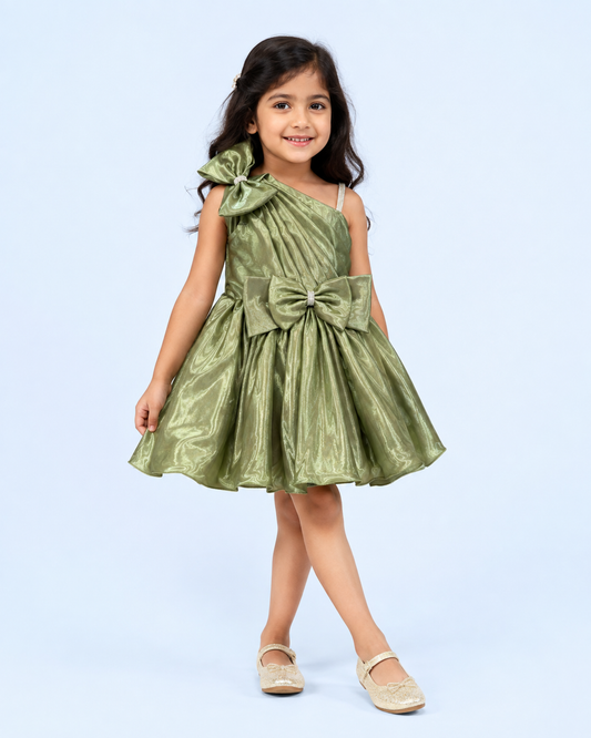 Luxe olive One-Shoulder Bow Dress for Girls