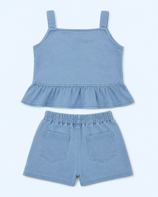 Girls Sweet Bow Denim Top & Shorts Co-ord Set