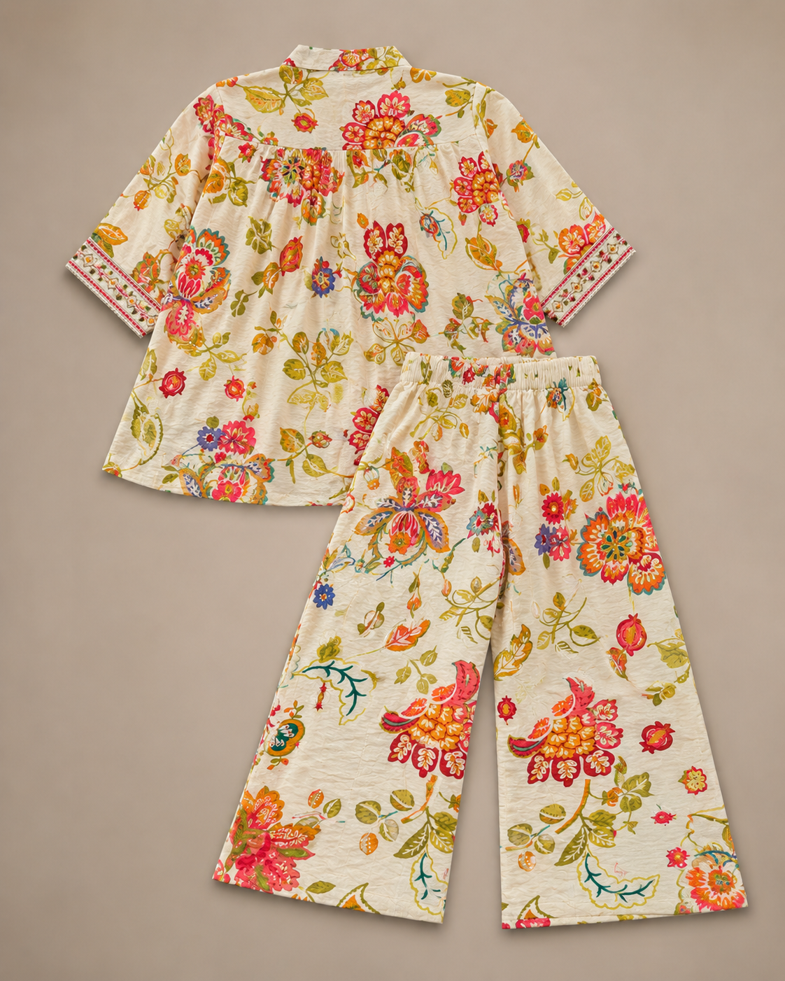 Ivory Floral Print Girls Kurti & Wide-Leg Palazzo Co-ord Set