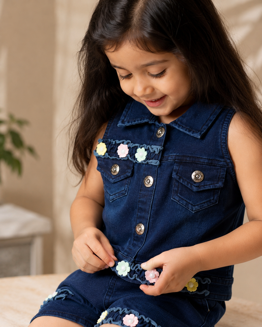 Tiny Bloom Denim Co-ord Set for Girls | Floral Appliqué Sleeveless Jacket & Shorts | 6 Months–3 Years