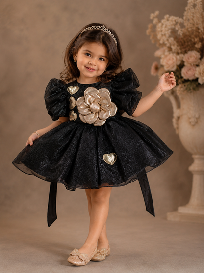 Luxury Black Party Dress with 3D Floral Appliqué | 6 Months–6 Years