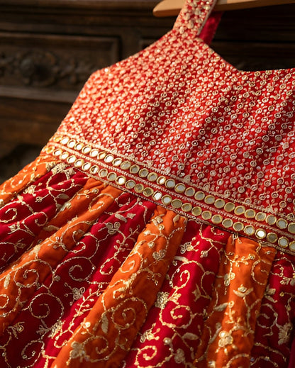 Close-up of a red and orange embroidered garment with gold detailing.