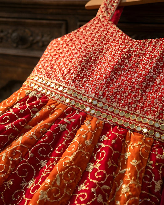 Close-up of a red and orange embroidered garment with gold detailing.