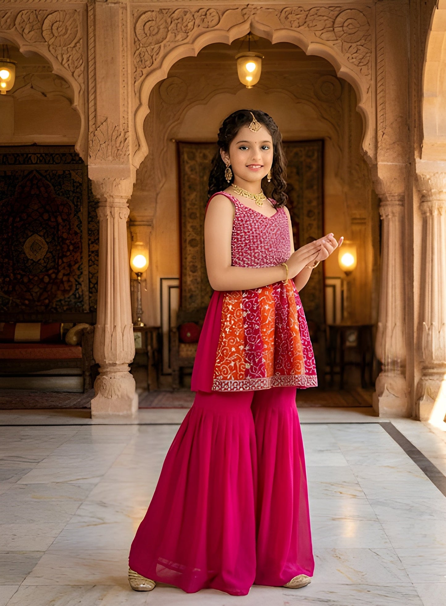 Woman in a vibrant traditional outfit standing in an ornate hall.