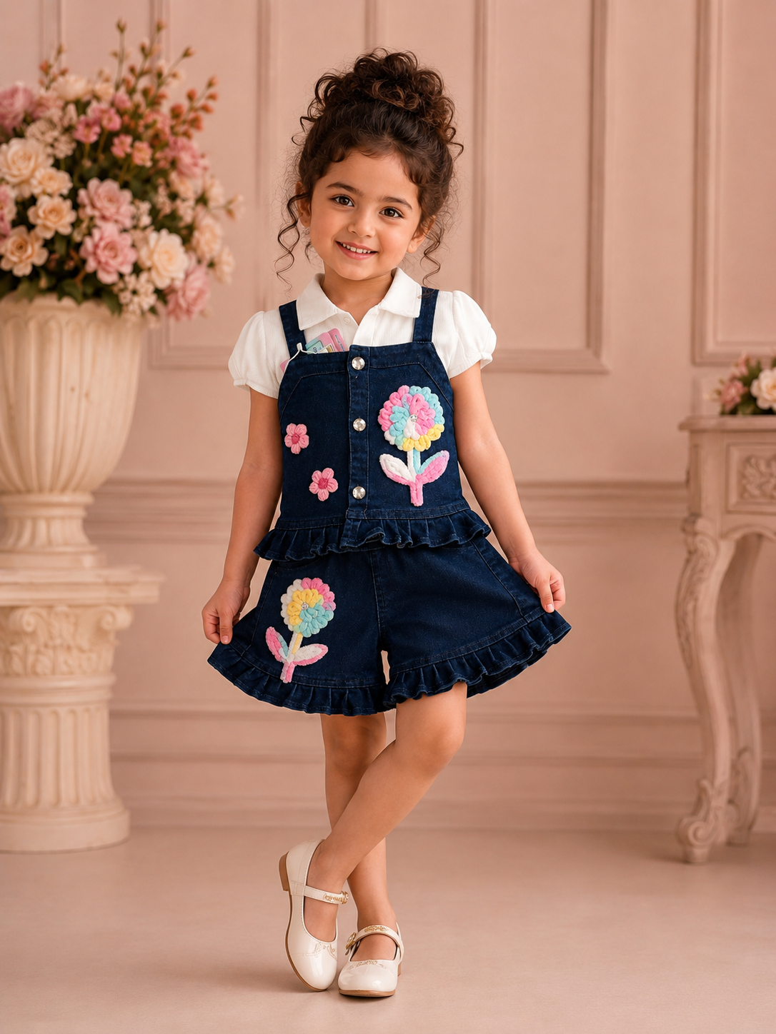 Denim Blossom Girls Co-Ord Set | Premium Floral Appliqué | 3–8 Years