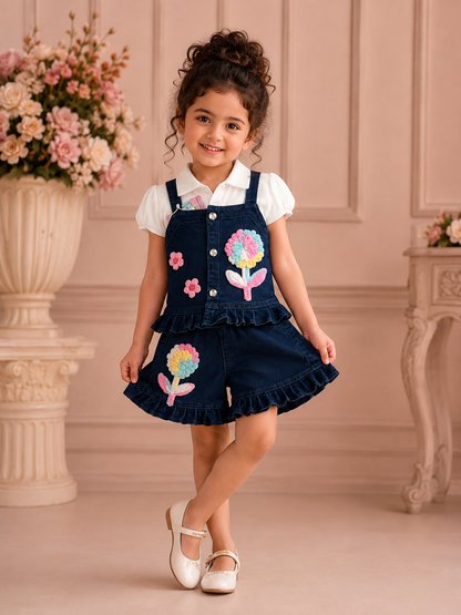 Denim Blossom Girls Co-Ord Set | Premium Floral Appliqué | 3–8 Years