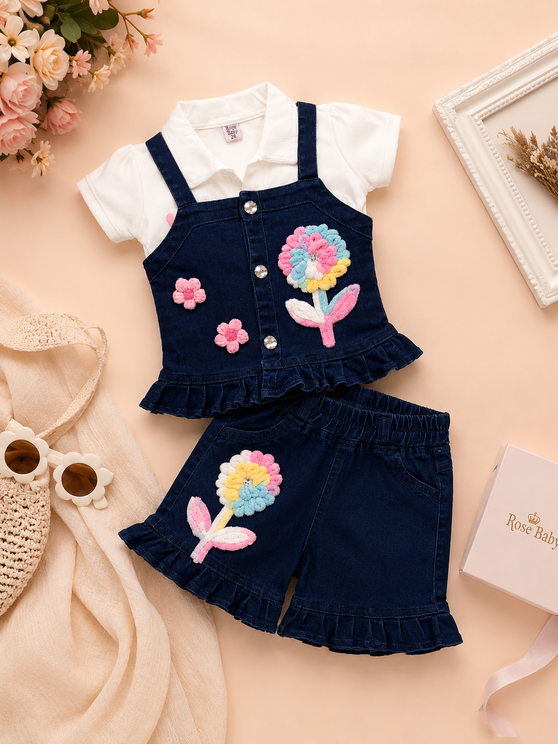 Denim Blossom Girls Co-Ord Set | Premium Floral Appliqué | 3–8 Years