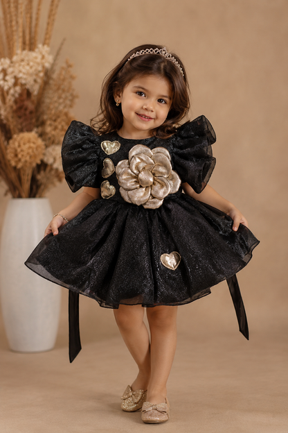 Luxury Black Party Dress with 3D Floral Appliqué | 6 Months–6 Years
