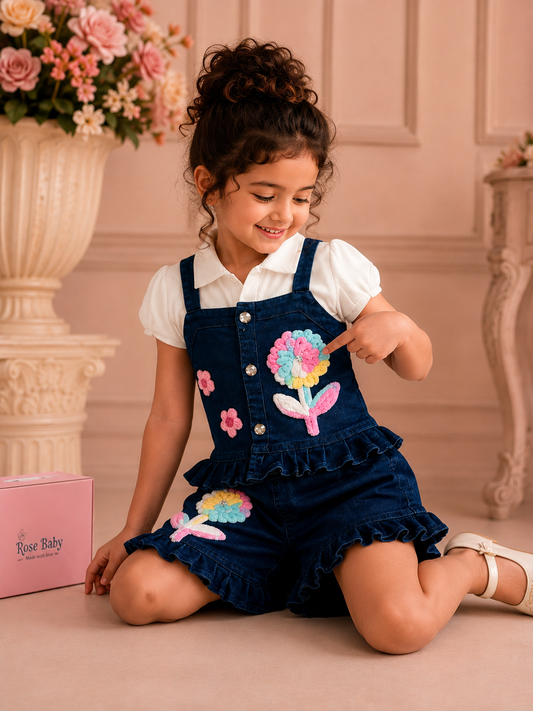 Denim Blossom Girls Co-Ord Set | Premium Floral Appliqué | 3–8 Years