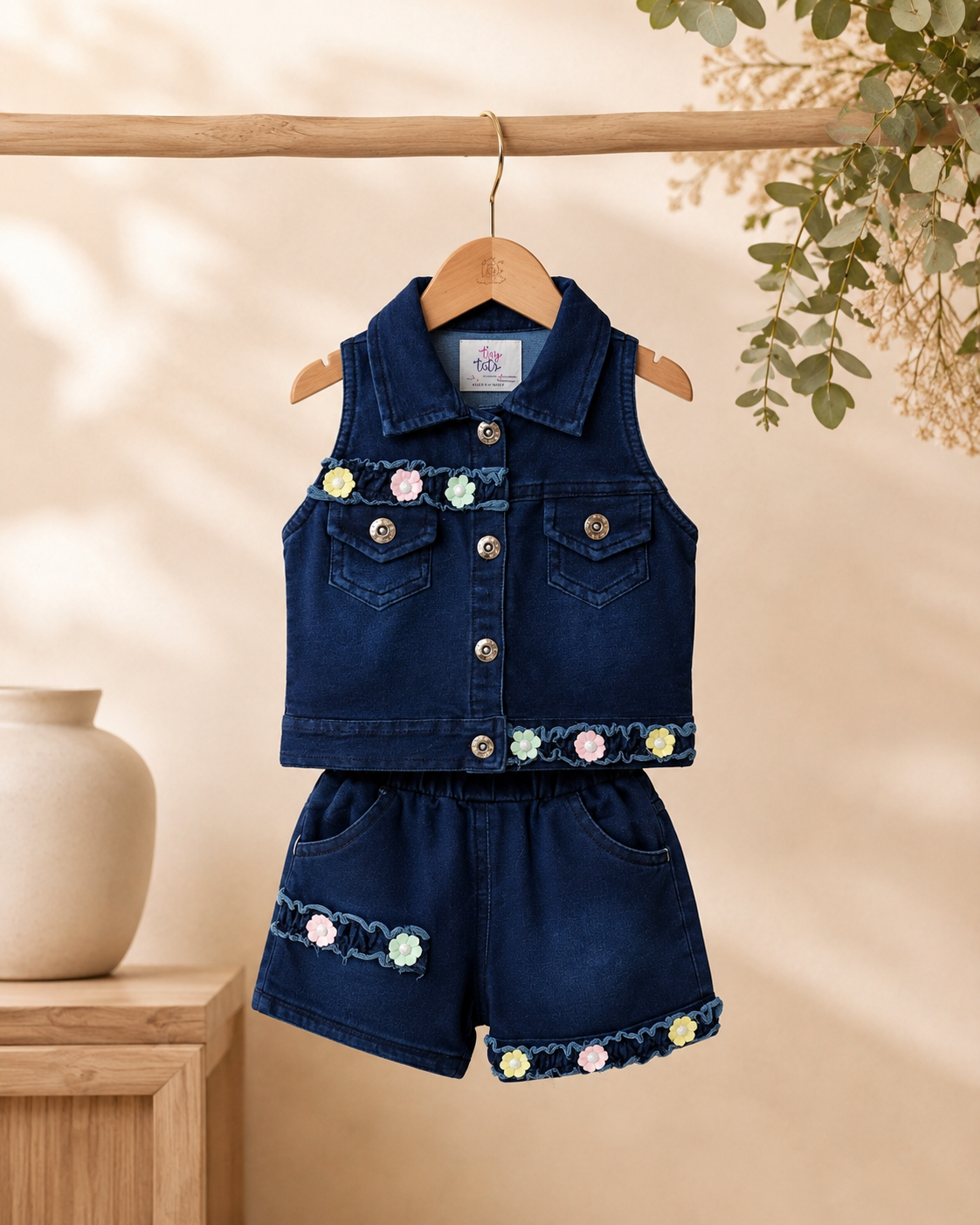 Tiny Bloom Denim Co-ord Set for Girls | Floral Appliqué Sleeveless Jacket & Shorts | 6 Months–3 Years
