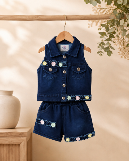Tiny Bloom Denim Co-ord Set for Girls | Floral Appliqué Sleeveless Jacket & Shorts | 6 Months–3 Years