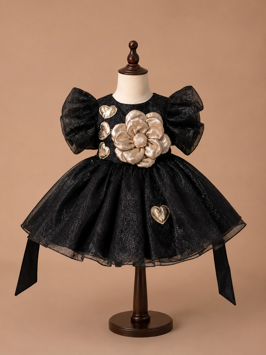 Luxury Black Party Dress with 3D Floral Appliqué | 6 Months–6 Years
