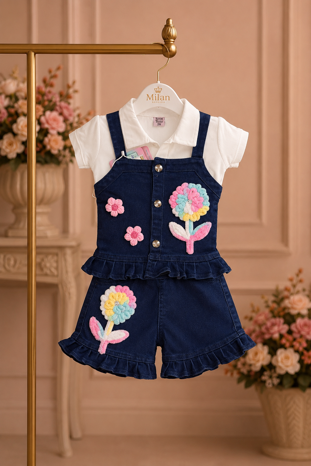Denim Blossom Girls Co-Ord Set | Premium Floral Appliqué | 3–8 Years