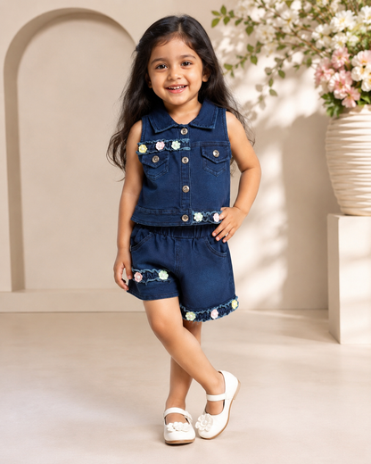 Tiny Bloom Denim Co-ord Set for Girls | Floral Appliqué Sleeveless Jacket & Shorts | 6 Months–3 Years