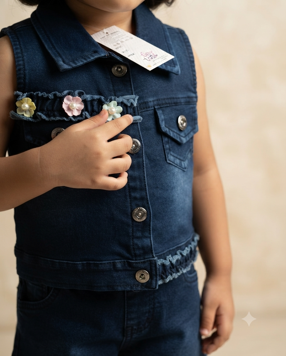 Tiny Bloom Denim Co-ord Set for Girls | Floral Appliqué Sleeveless Jacket & Shorts | 6 Months–3 Years