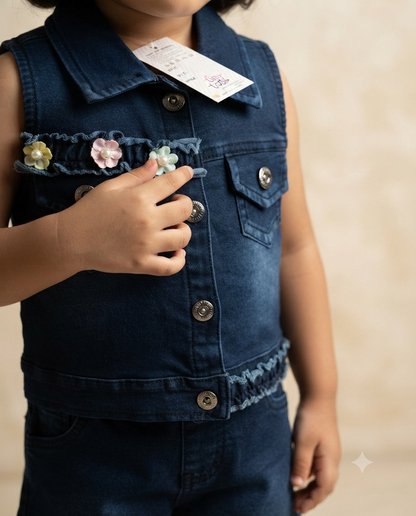 Tiny Bloom Denim Co-ord Set for Girls | Floral Appliqué Sleeveless Jacket & Shorts | 6 Months–3 Years