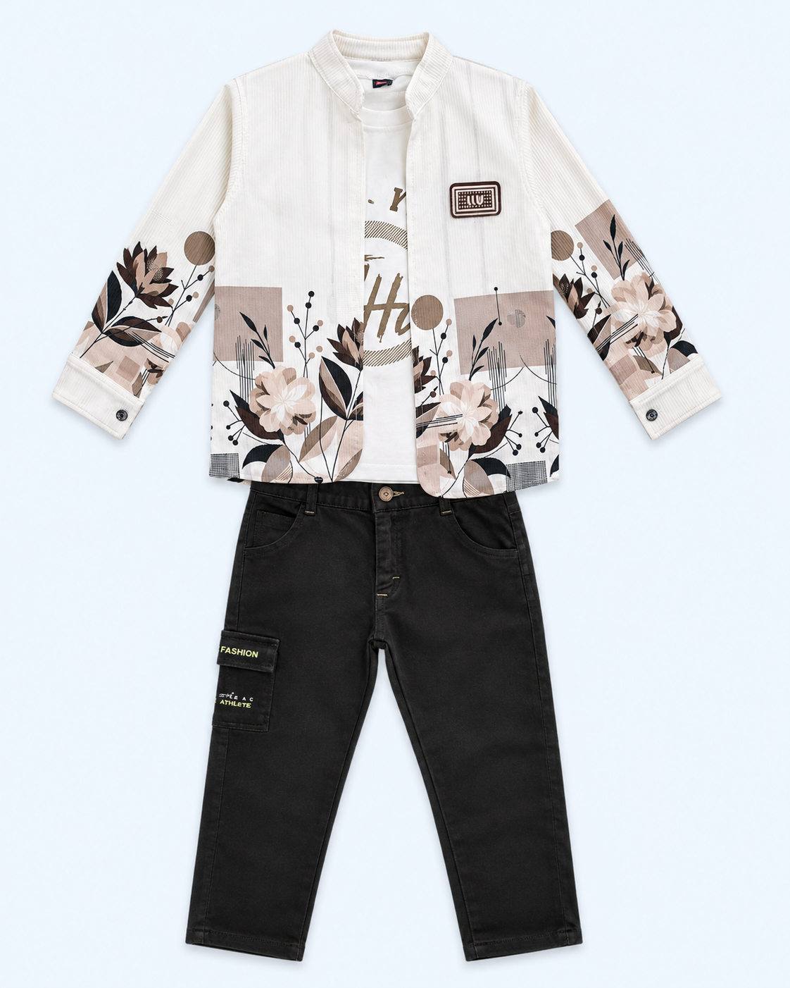 Urban Bloom Boys 3-Piece Full Pants Co-ord Set – Ivory & Black