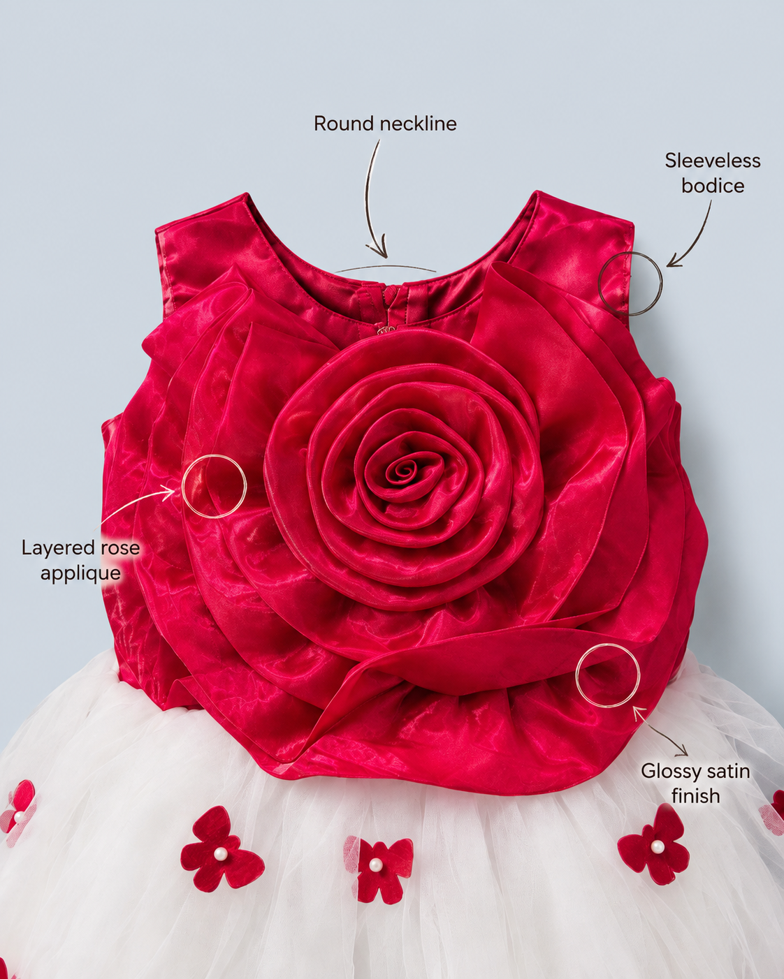 Rosette bloom satin & tulle party dress