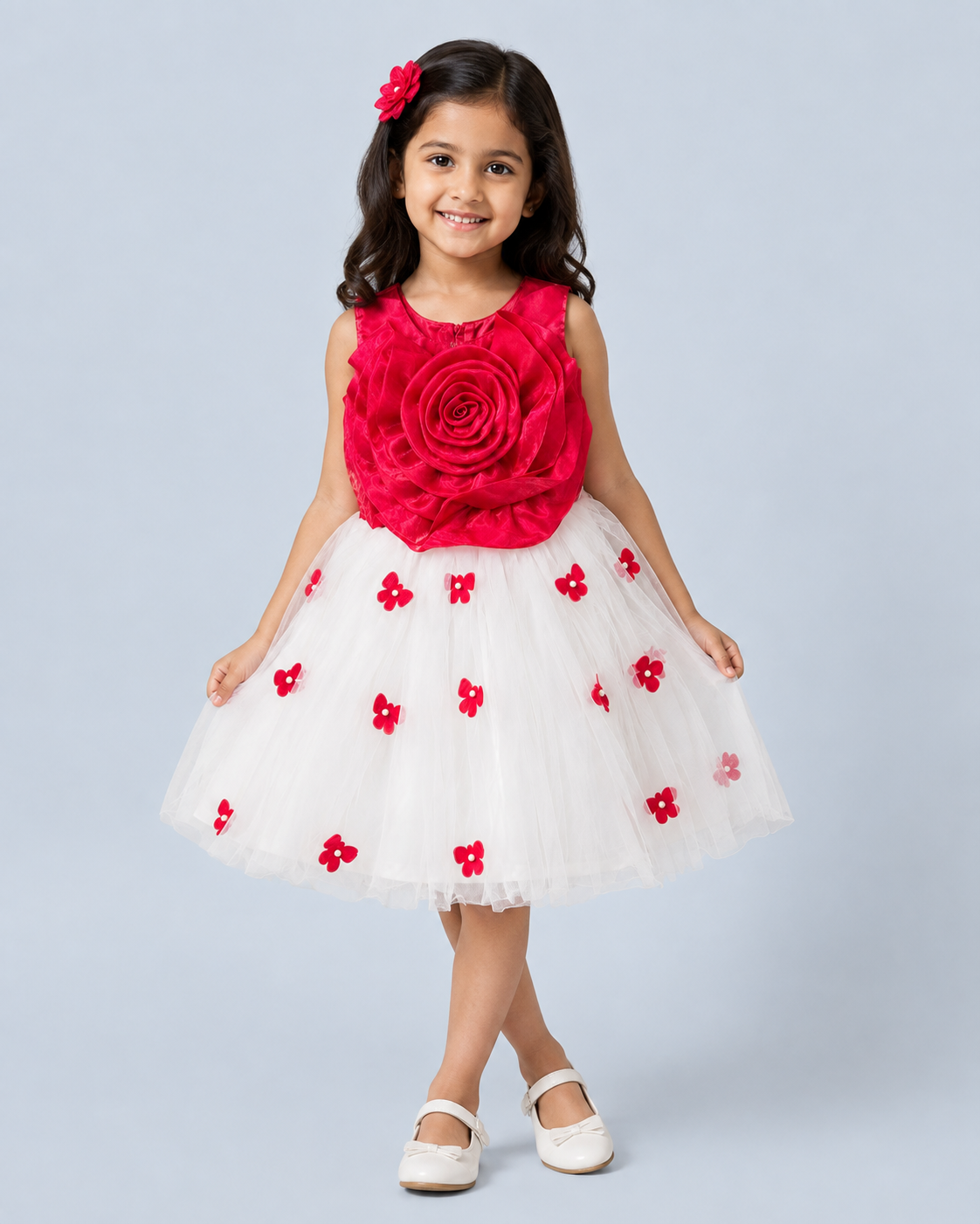 Rosette bloom satin & tulle party dress