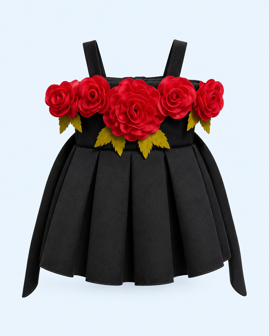 Midnight Rose 3D Floral Pleated Party Frock – Black 3999