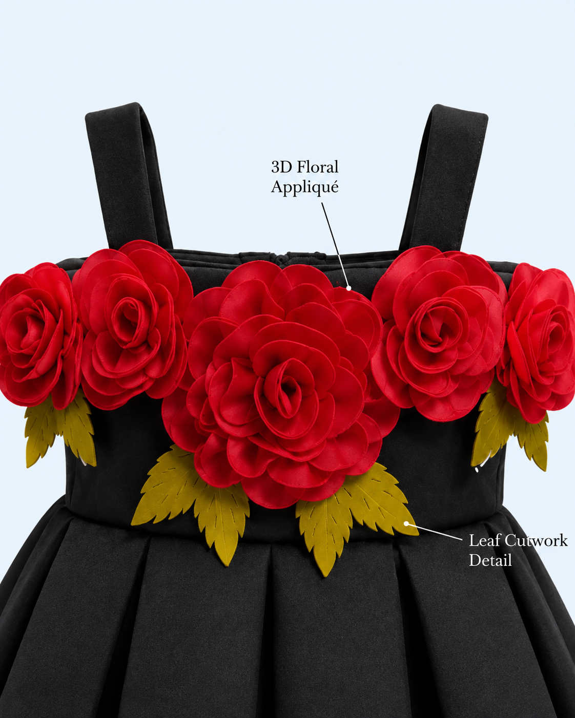 Midnight Rose 3D Floral Pleated Party Frock – Black 3999
