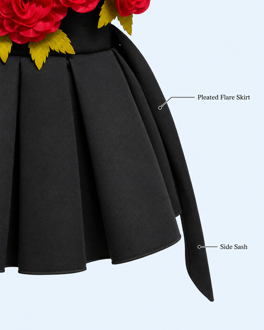 Midnight Rose 3D Floral Pleated Party Frock – Black 3999