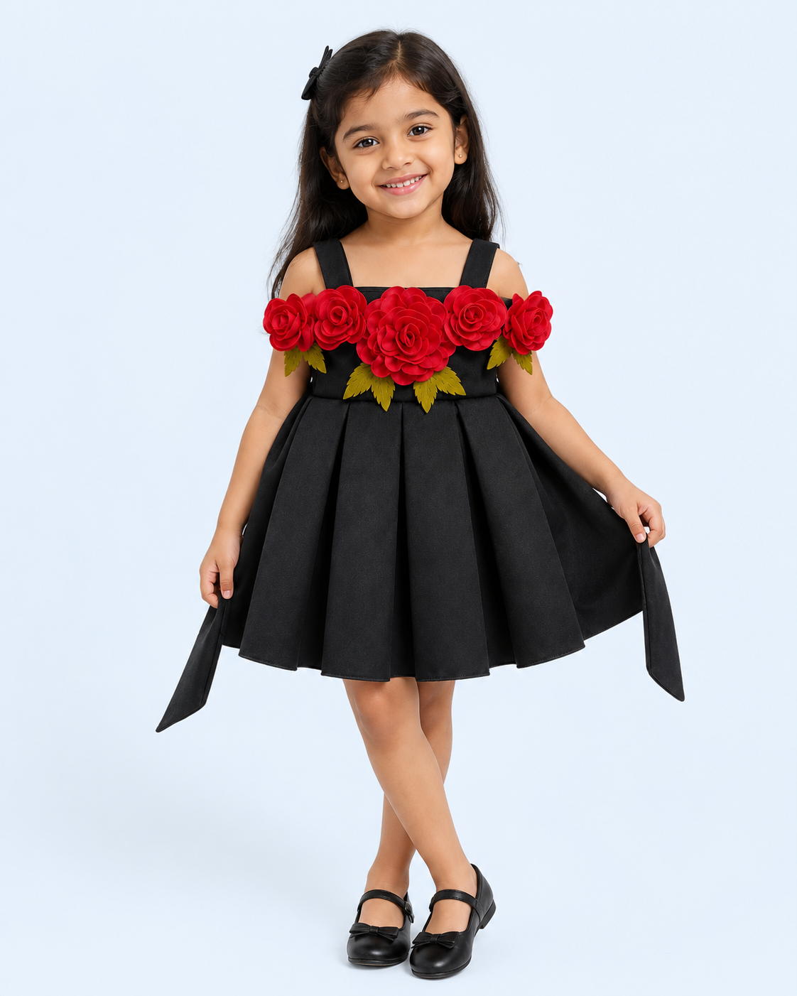 Midnight Rose 3D Floral Pleated Party Frock – Black 3999