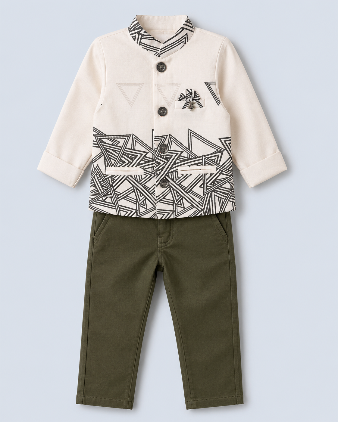 Geo Edge Boys Indo-Western Outfit Set – Ivory & Olive 175F