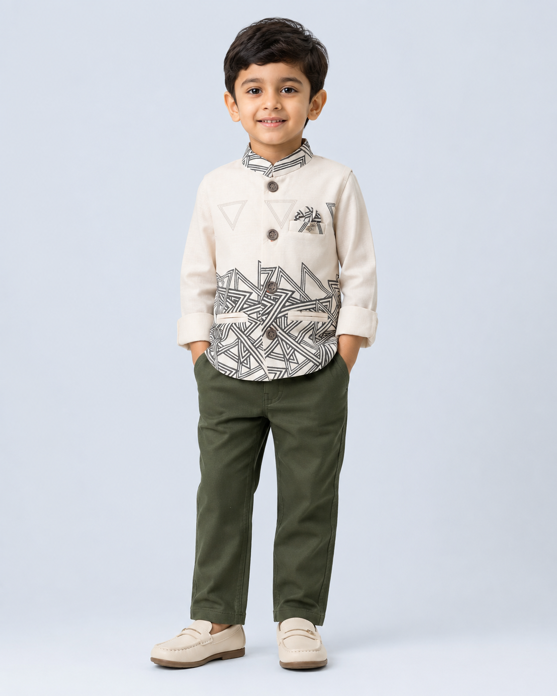 Geo Edge Boys Indo-Western Outfit Set – Ivory & Olive 175F