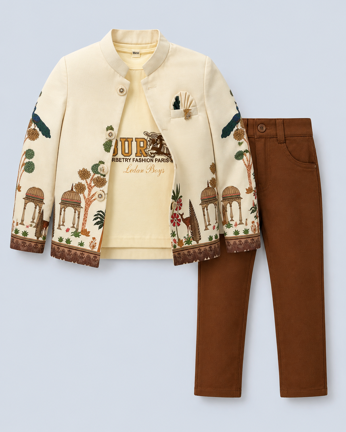 Heritage Garden Printed Jacket 3-Piece Boys Outfit Set – Ivory & Brown 300F