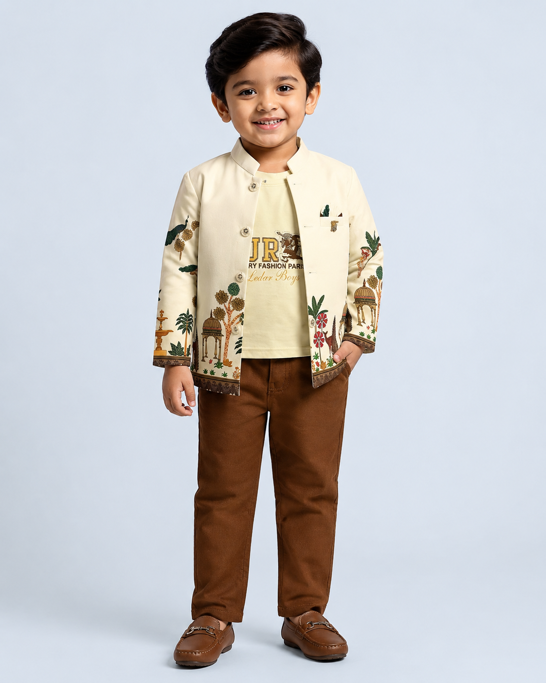 Heritage Garden Printed Jacket 3-Piece Boys Outfit Set – Ivory & Brown 300F