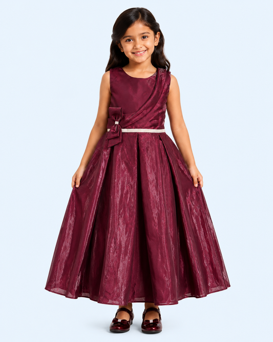 Burgundy Draped Bow Long Party Gown for Girls