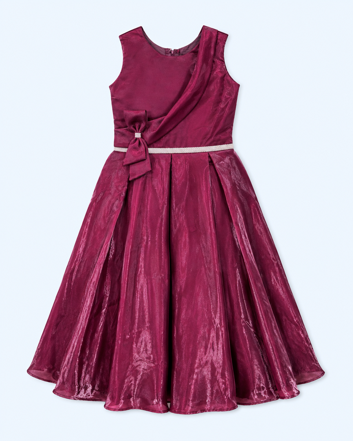 Burgundy Draped Bow Long Party Gown for Girls