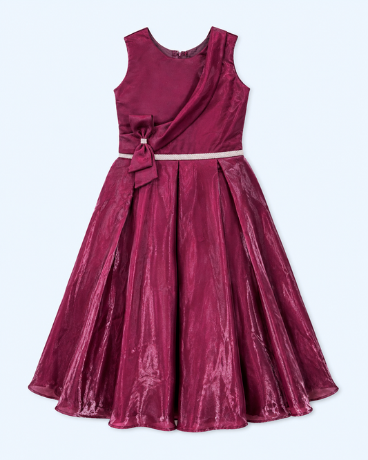 Burgundy Draped Bow Long Party Gown for Girls
