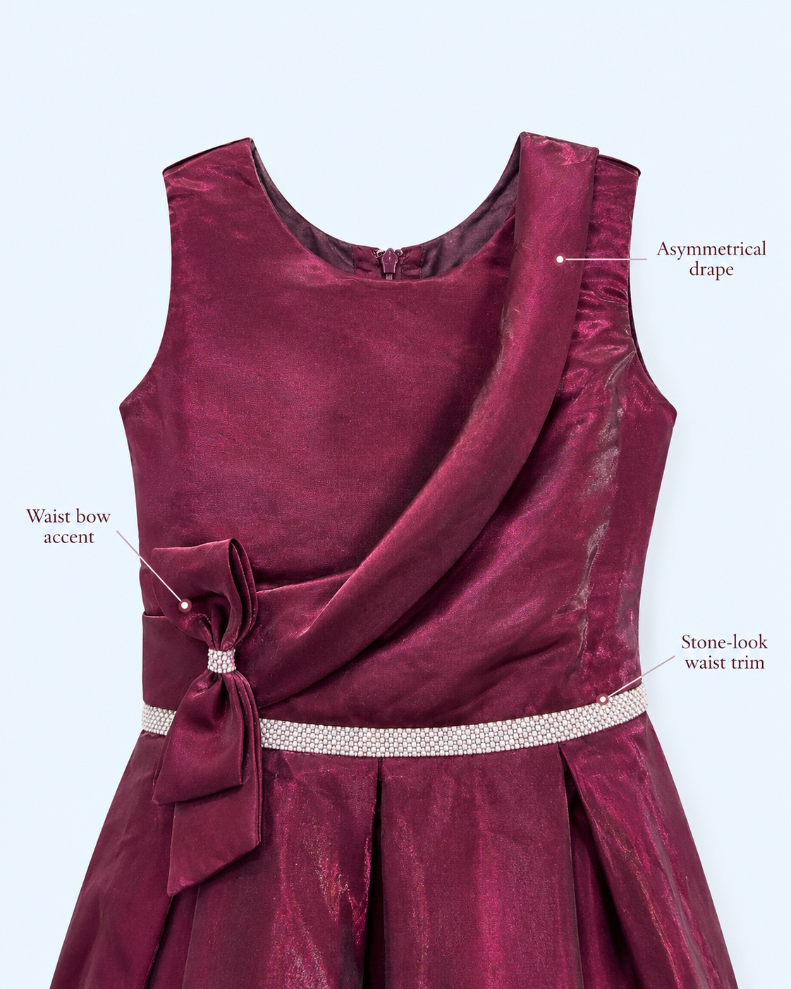 Burgundy Draped Bow Long Party Gown for Girls