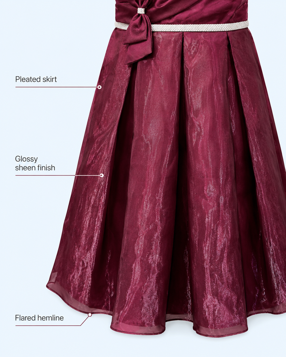 Burgundy Draped Bow Long Party Gown for Girls