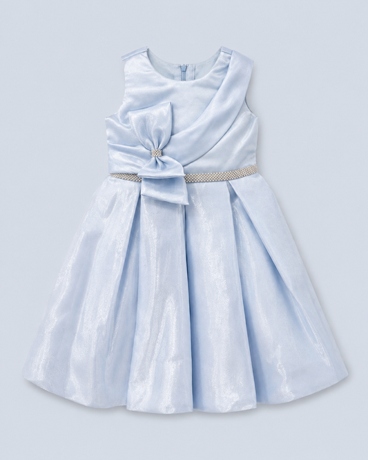 Ice Blue Draped Bow Long Party Gown for Girls