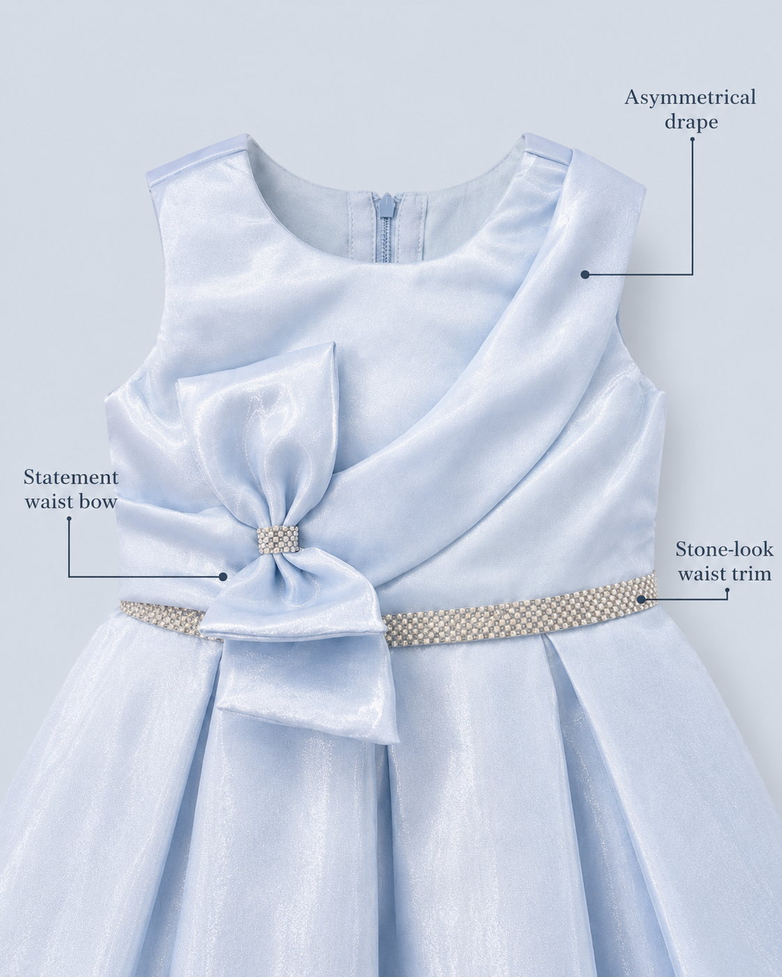 Ice Blue Draped Bow Long Party Gown for Girls