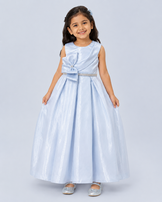 Ice Blue Draped Bow Long Party Gown for Girls