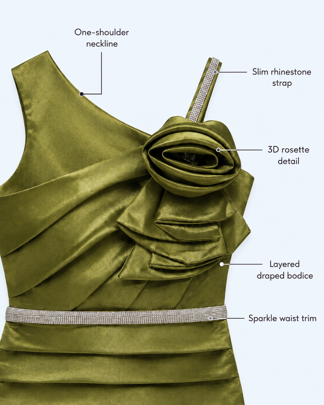 Olive Luxe Rosette One-Shoulder Party Dress for Girls