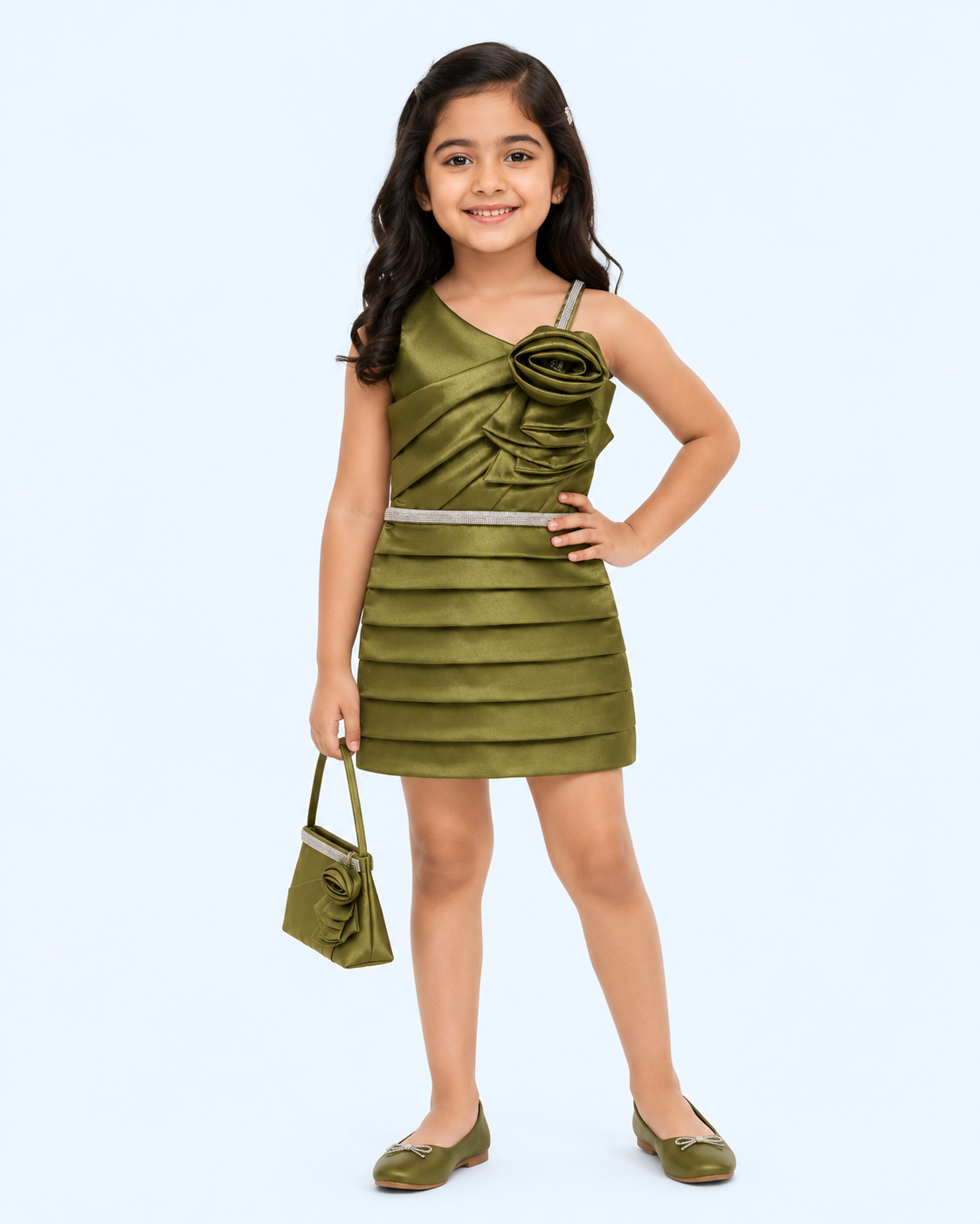 Olive Luxe Rosette One-Shoulder Party Dress for Girls