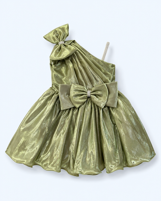 Luxe olive One-Shoulder Bow Dress for Girls