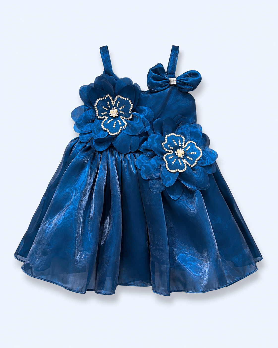 Royal Bloom Pearl-Embellished Organza Party Frock – Deep Blue
