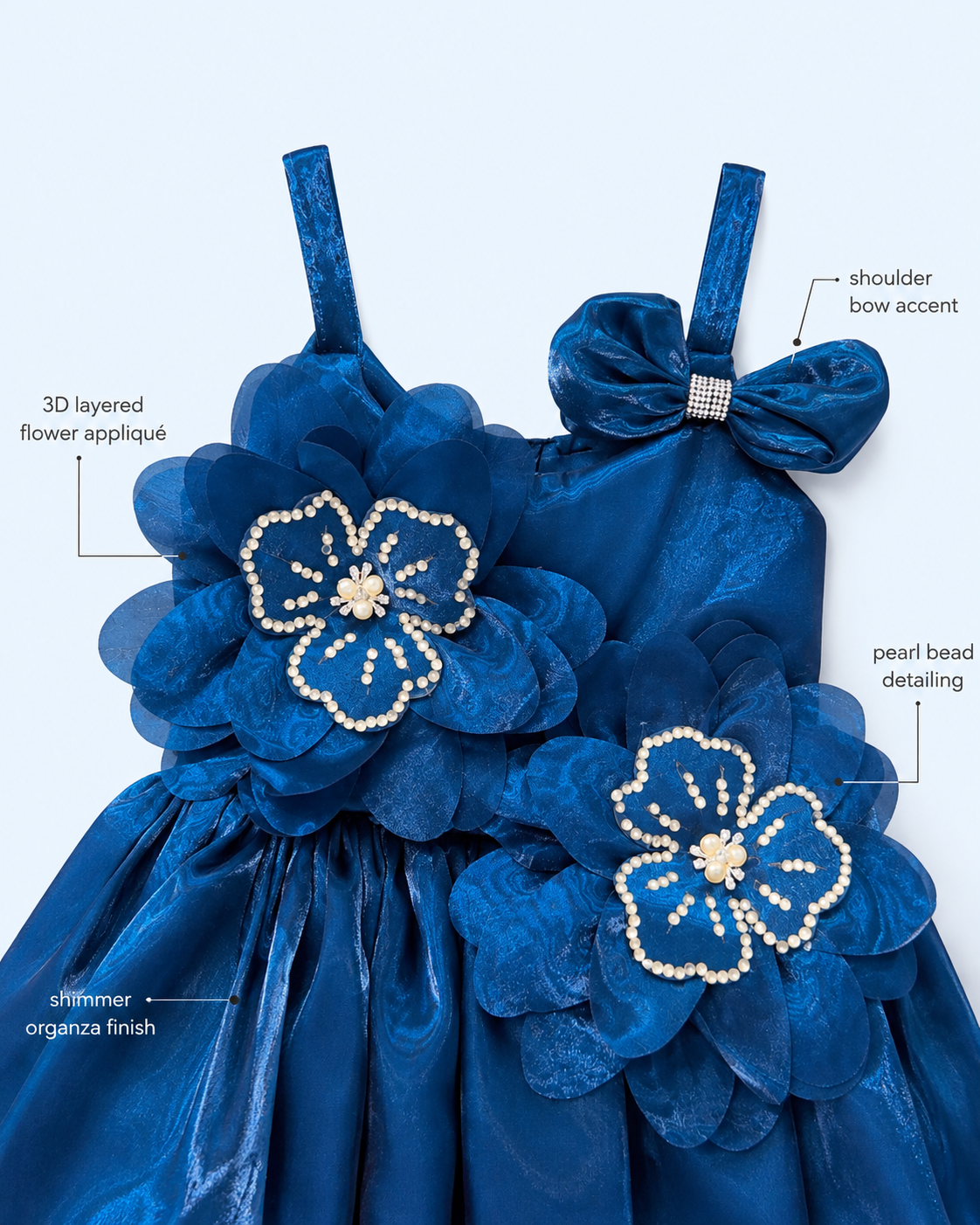 Royal Bloom Pearl-Embellished Organza Party Frock – Deep Blue