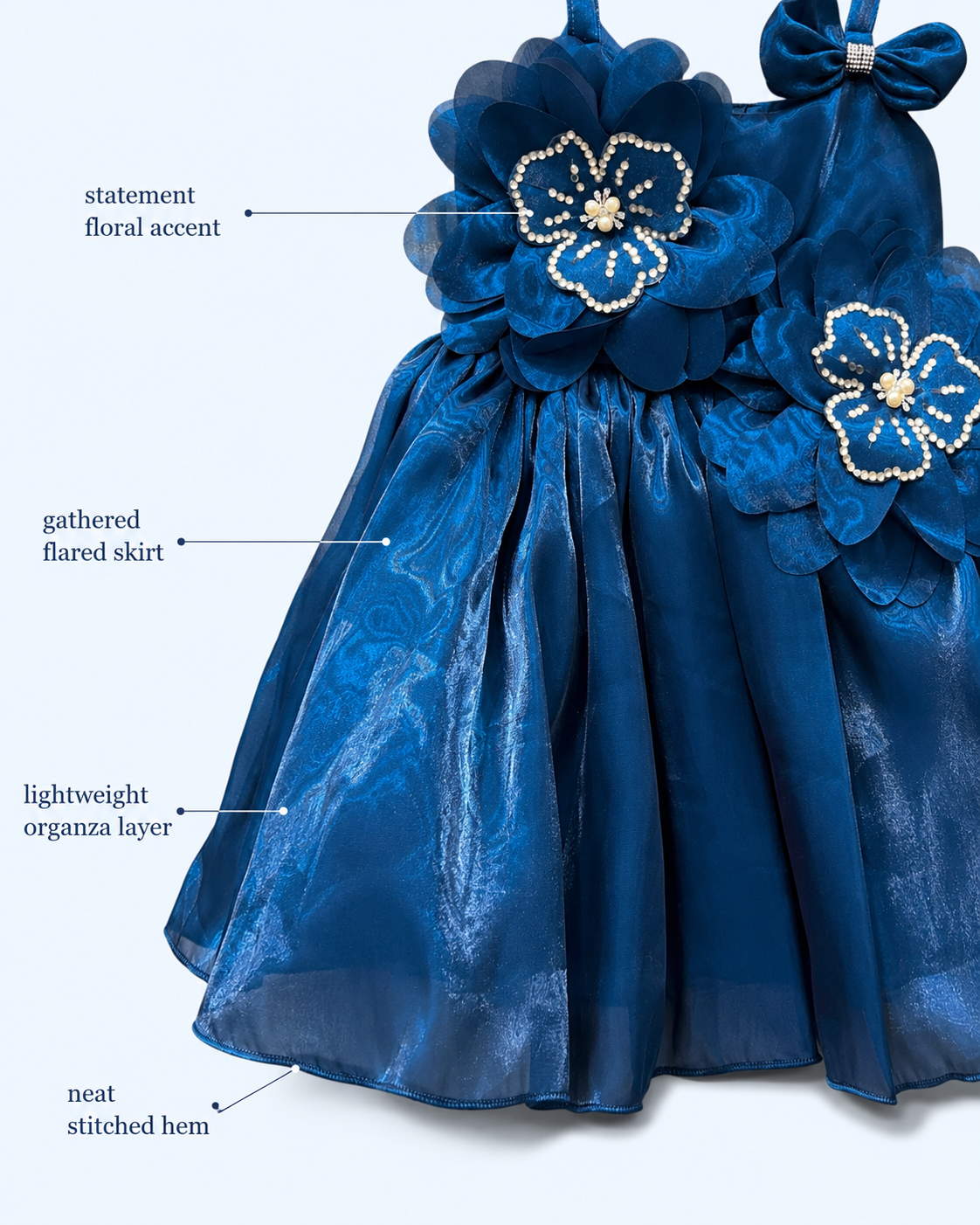 Royal Bloom Pearl-Embellished Organza Party Frock – Deep Blue
