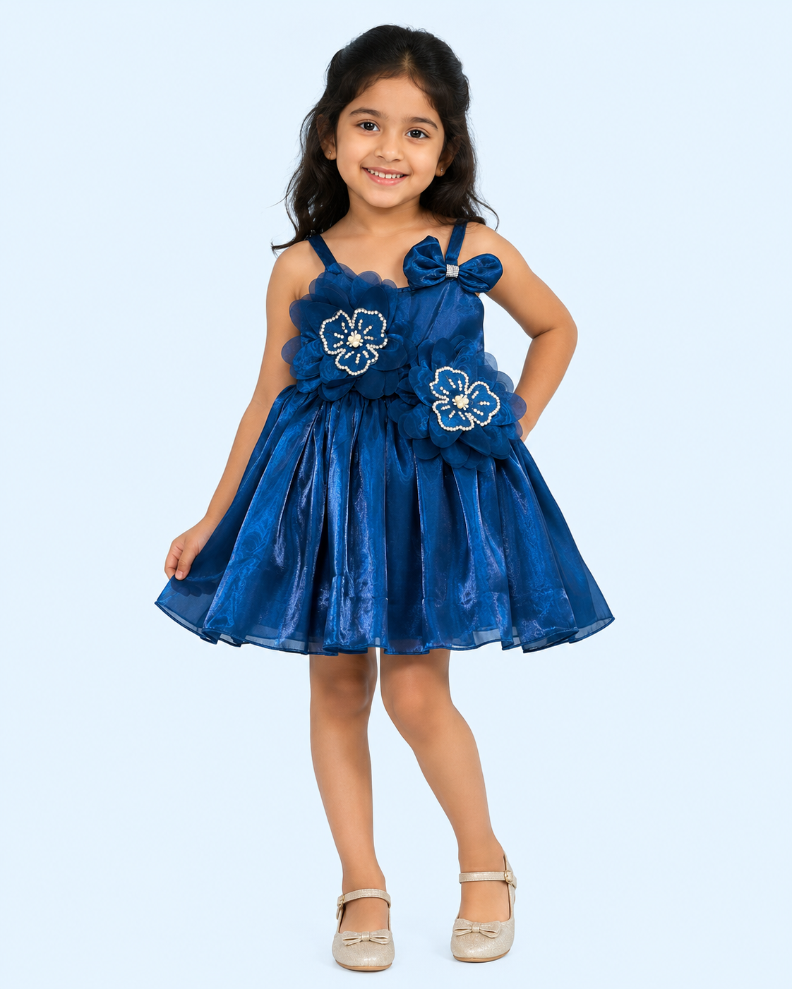 Royal Bloom Pearl-Embellished Organza Party Frock – Deep Blue