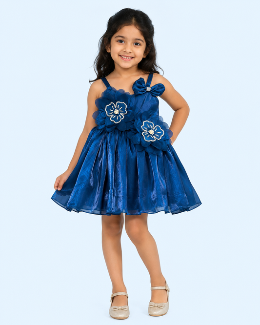Royal Bloom Pearl-Embellished Organza Party Frock – Deep Blue