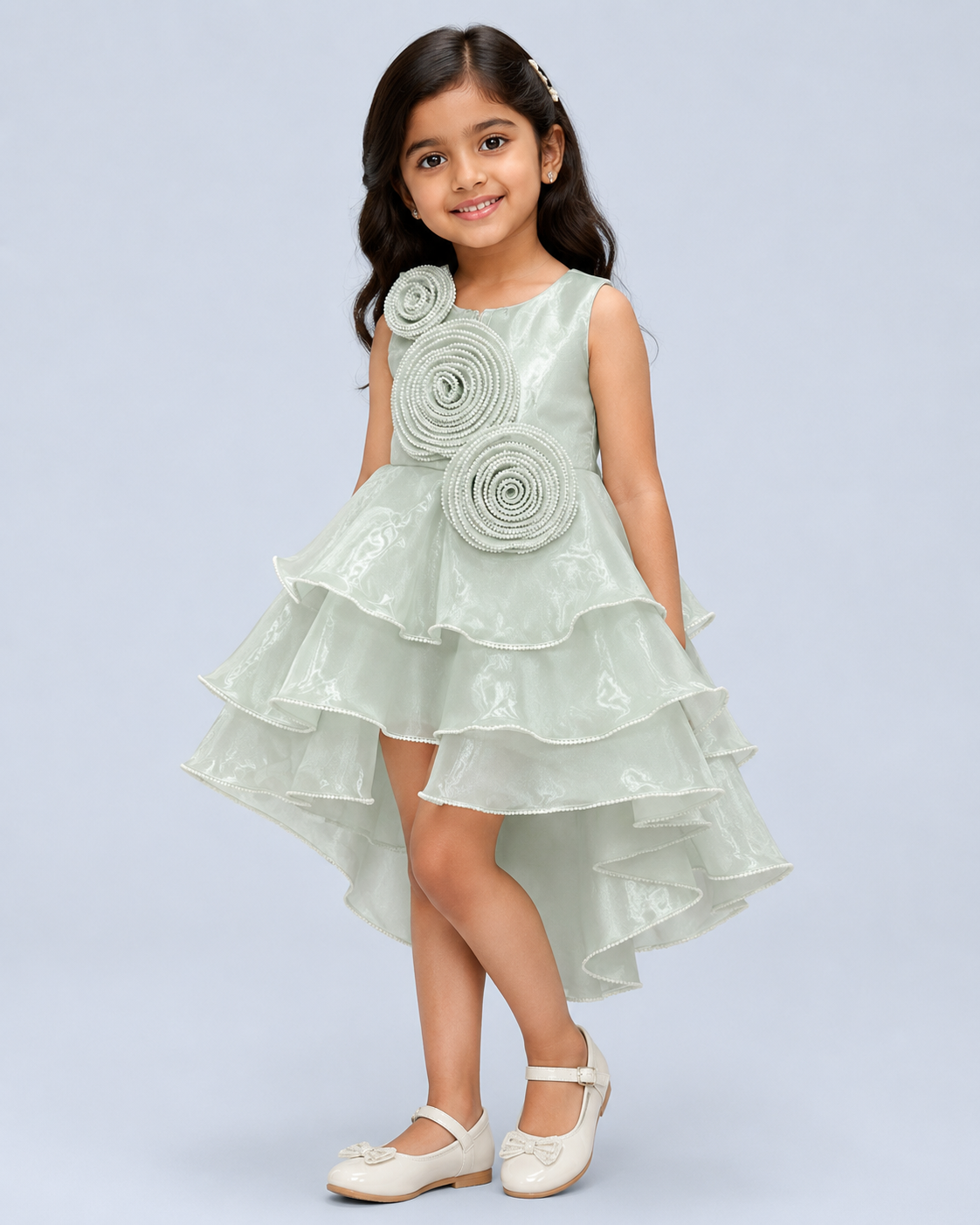 Mint Cascade Pearl Rosette High-Low Party Frock