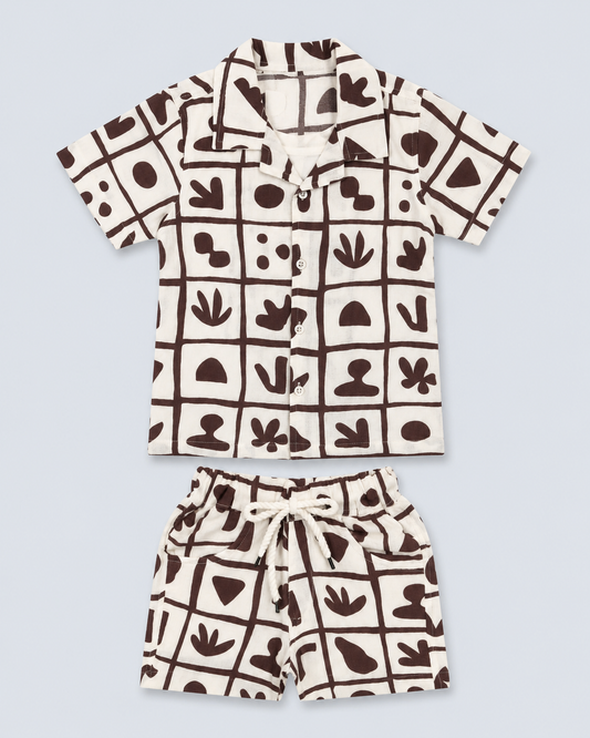 Cocoa Doodle Grid Boys’ Shirt & Shorts Co-Ord Set -ENJ-H15