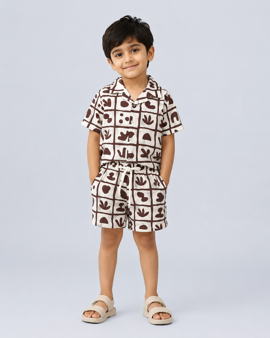 Cocoa Doodle Grid Boys’ Shirt & Shorts Co-Ord Set -ENJ-H15
